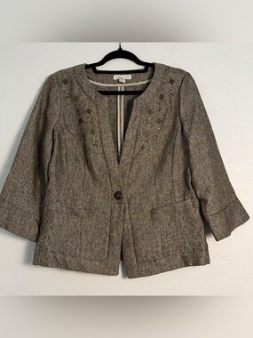 Coldwater Creek Women 10 Blazer Tweed Brown Single Button Embellished Collarless
